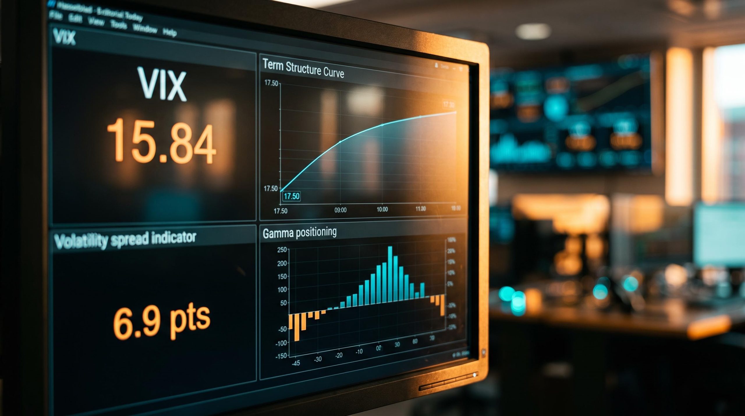 Trading monitor displaying VIX at 15.84 and volatility mosaic signals against a blurred trading floor backdrop