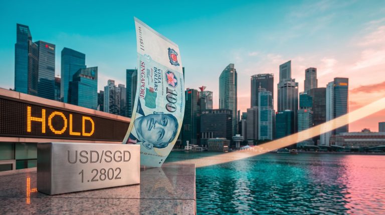 MAS monetary policy hold: Singapore skyline with S$ banknote and USD/SGD 1.2802 plinth at golden hour