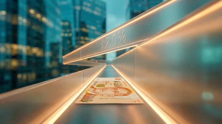Singapore dollar note guided through a glowing currency band corridor illustrating MAS S$NEER monetary policy outlook