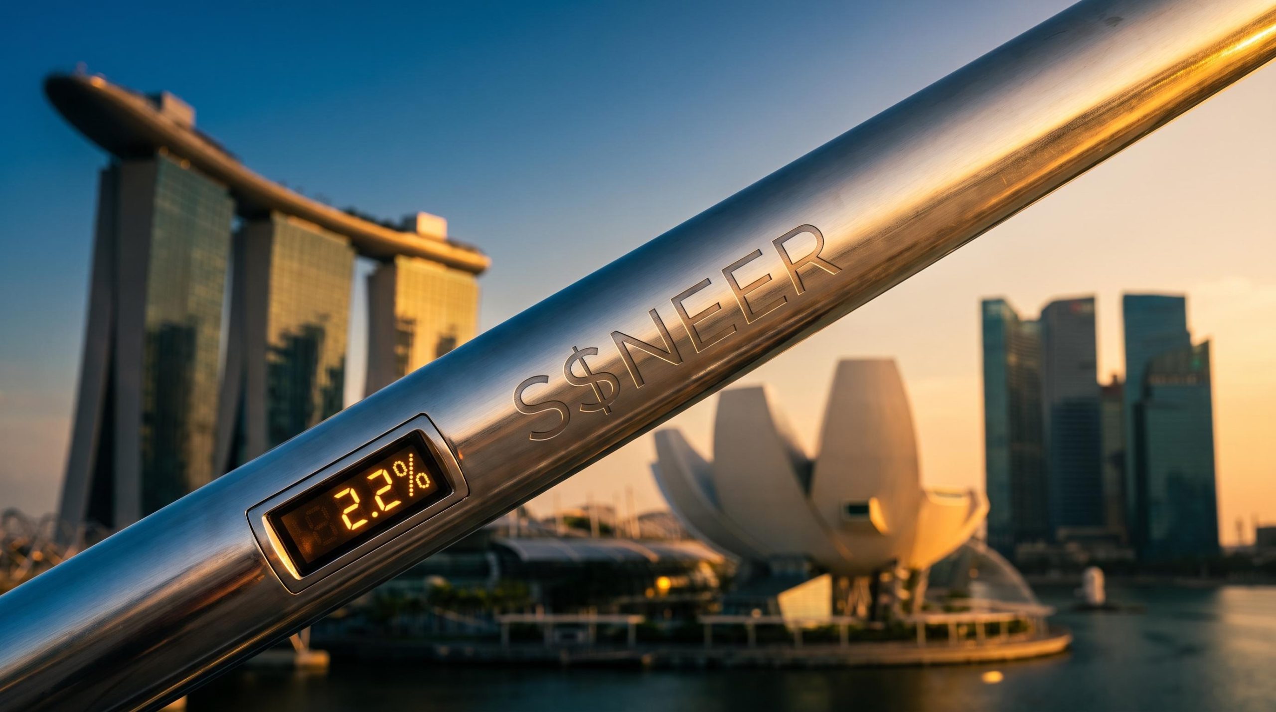 Chrome S$NEER slope rising toward Singapore's Marina Bay skyline illustrating MAS policy exchange-rate framework