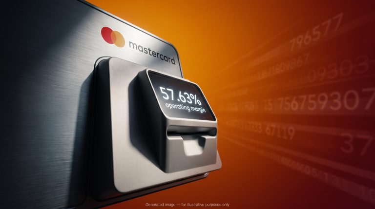 Mastercard payment terminal displaying 57.63% operating margin under analytical amber-crimson lighting
