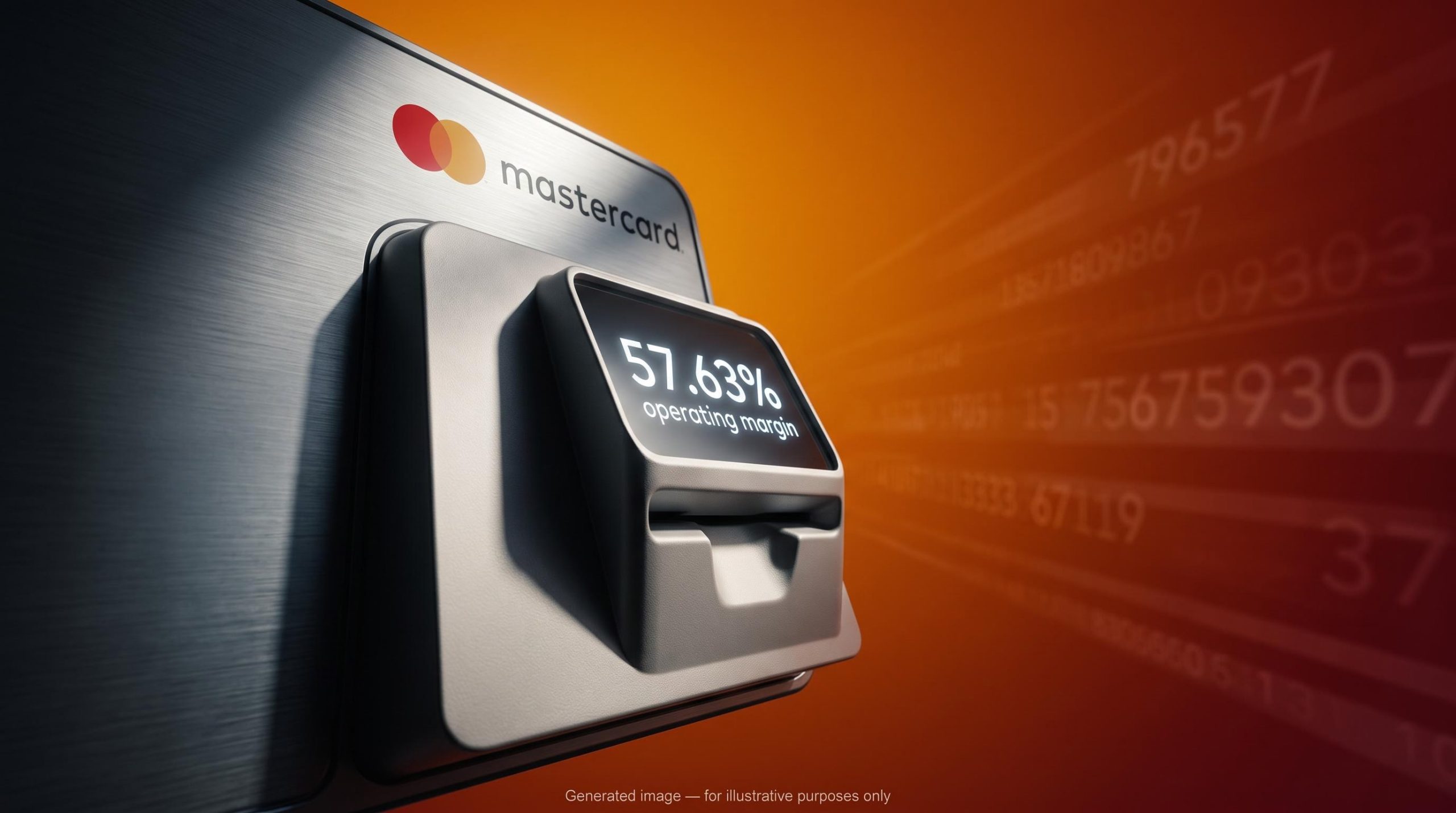 Mastercard payment terminal displaying 57.63% operating margin under analytical amber-crimson lighting