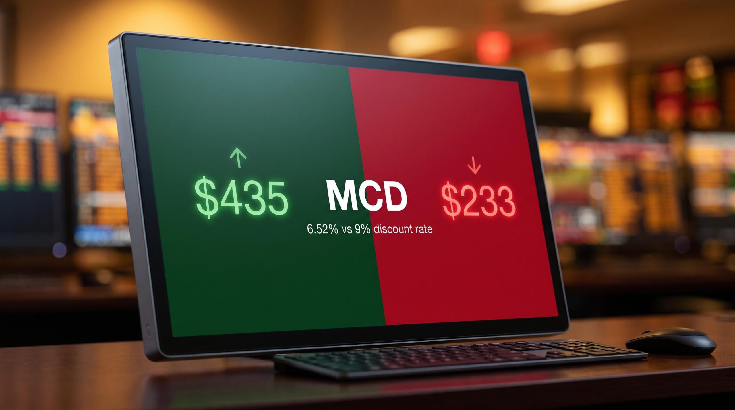 MCD terminal split showing $435 bull vs $233 bear DCF fair value — McDonald's stock undervalued debate