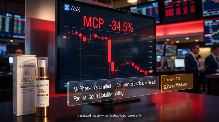 ASX trading terminal showing McPherson's MCP share plunge of 34.5% after Federal Court continuous disclosure breach ruling