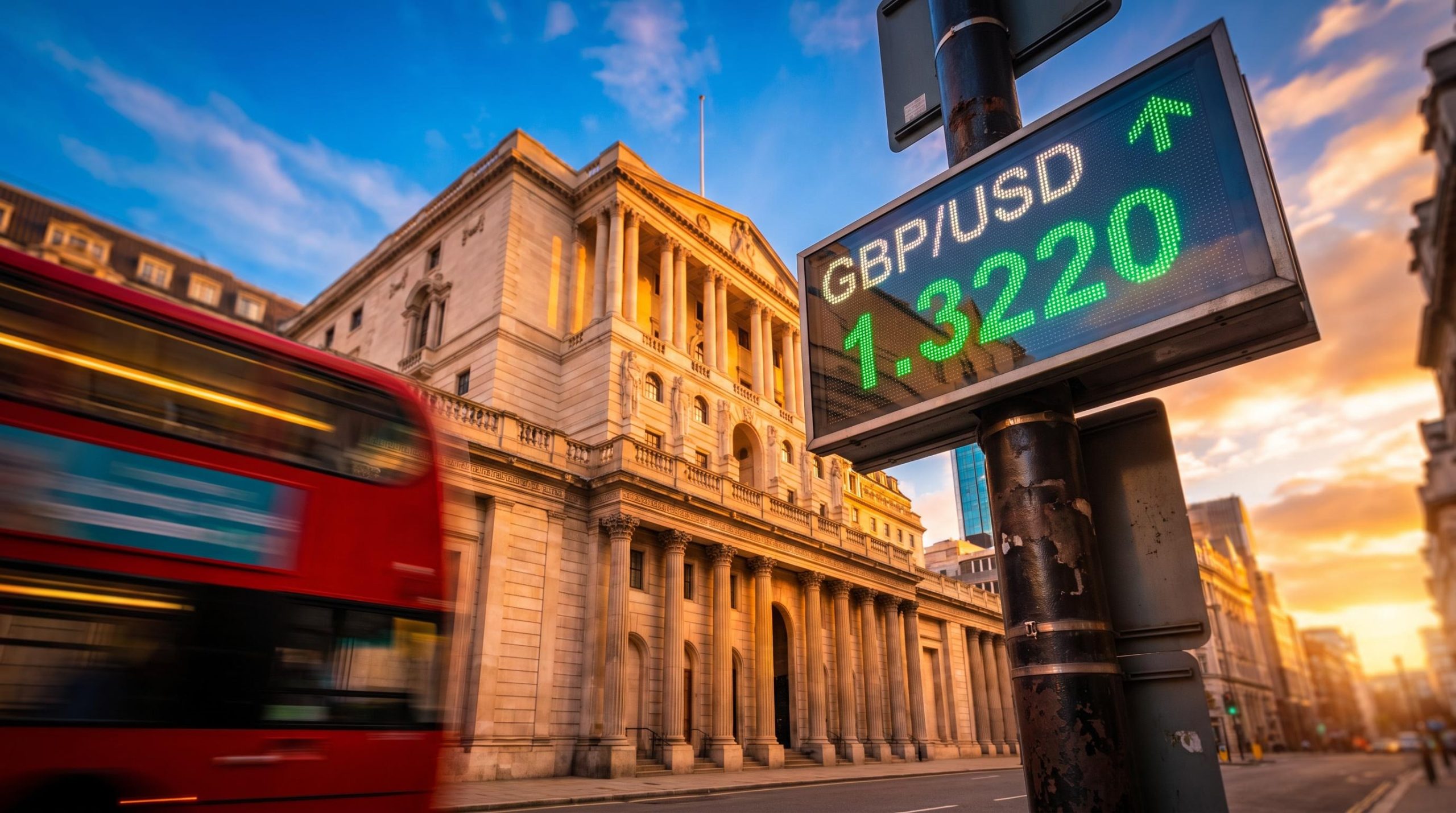Bank of England building at sunrise with GBP/USD 1.3220 board as Megan Greene BoE hawkish remarks barely move sterling