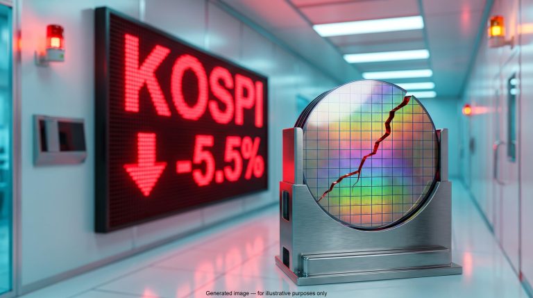 Memory chip sell-off: DRAM wafer in cleanroom with red KOSPI screen showing -5.5% after CXMT fears