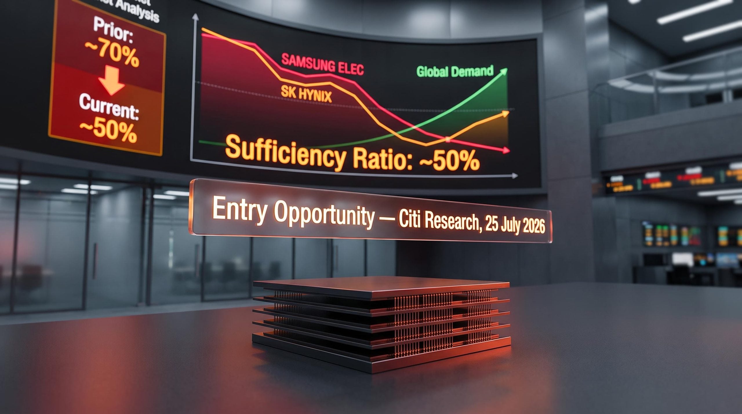 HBM memory chip with Citi Research 50% sufficiency ratio data overlay — Samsung and SK Hynix analysis