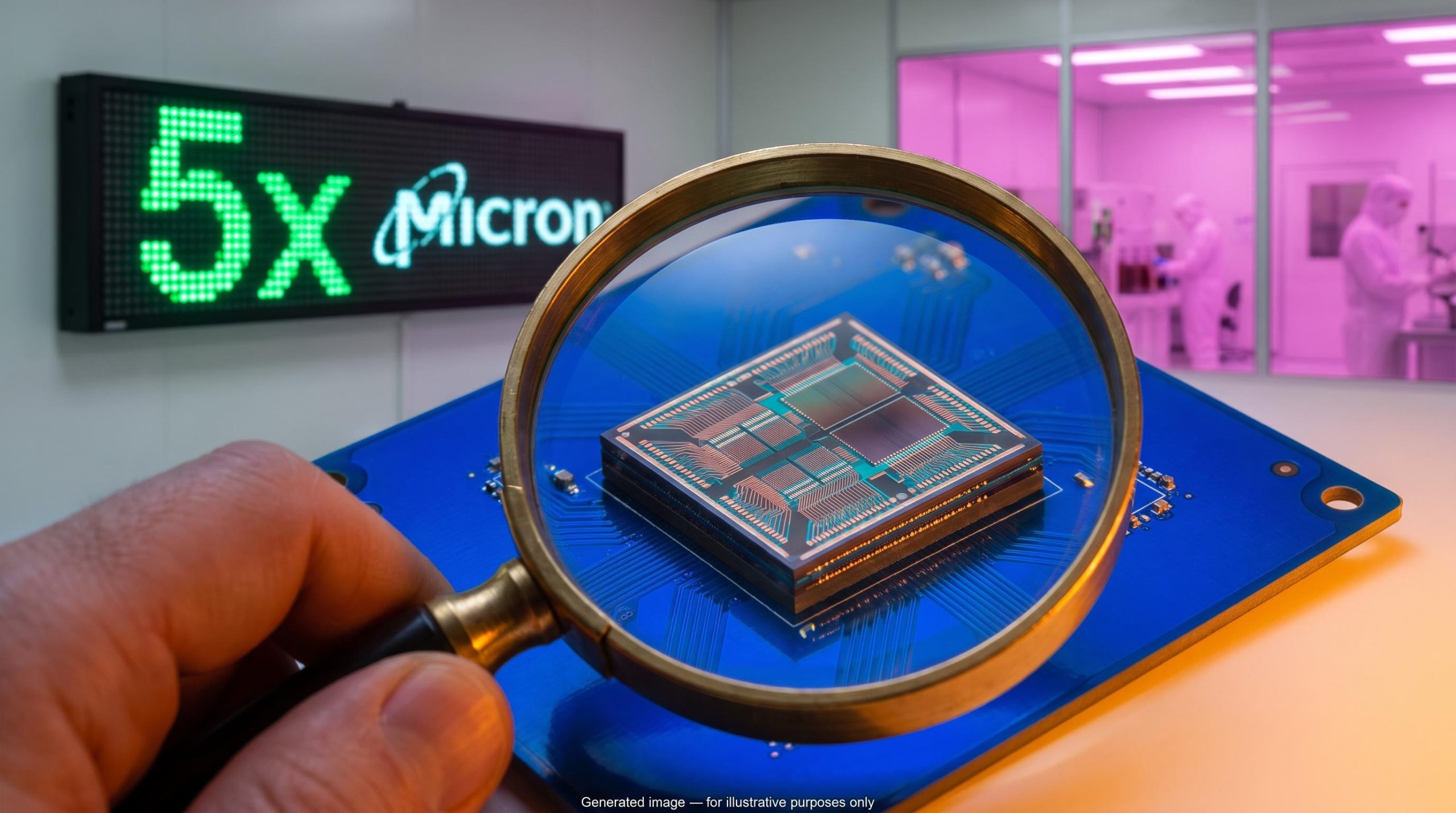 Magnifier over an HBM memory chip with a 5x multiple on screen, examining whether memory chip stocks are cheap or peak-cycle