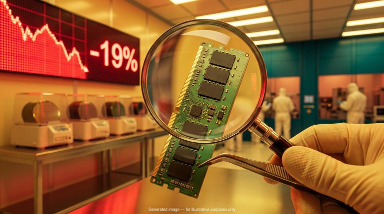 DDR5 server memory module under a loupe in a cleanroom as memory stocks fall 19% from their September peak