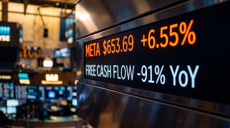 Meta stock terminal showing +6.55% rally against a 91% free cash flow collapse as Muse AI monetization launches