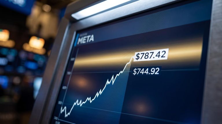 META stock price chart approaching $787.42 all-time closing high resistance band on a trading terminal