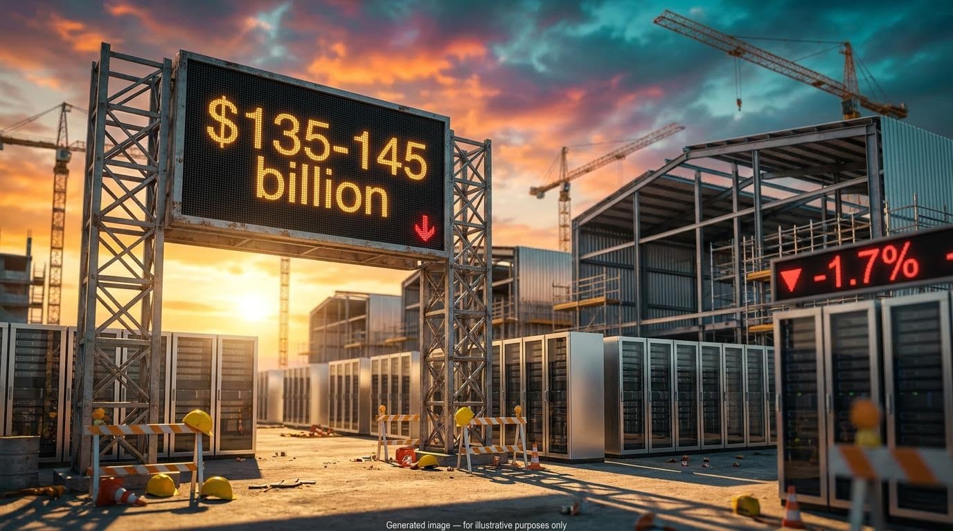 Data-centre construction site with billboard showing $135-145 billion, illustrating Meta capex AI spending and market unease