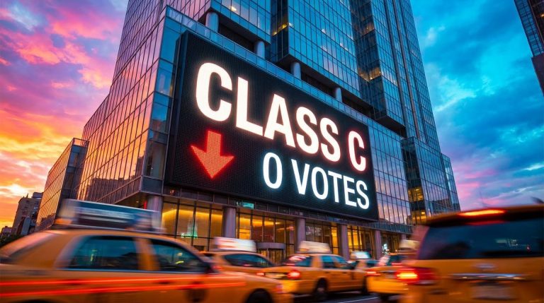 Glowing ticker panel reading Class C and 0 votes with red arrow as Meta Class C stock plan hits shares