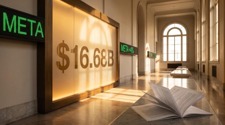 Meta lawsuit settlement: $16.68B figure etched in courthouse glass as META +4% ticker glows green