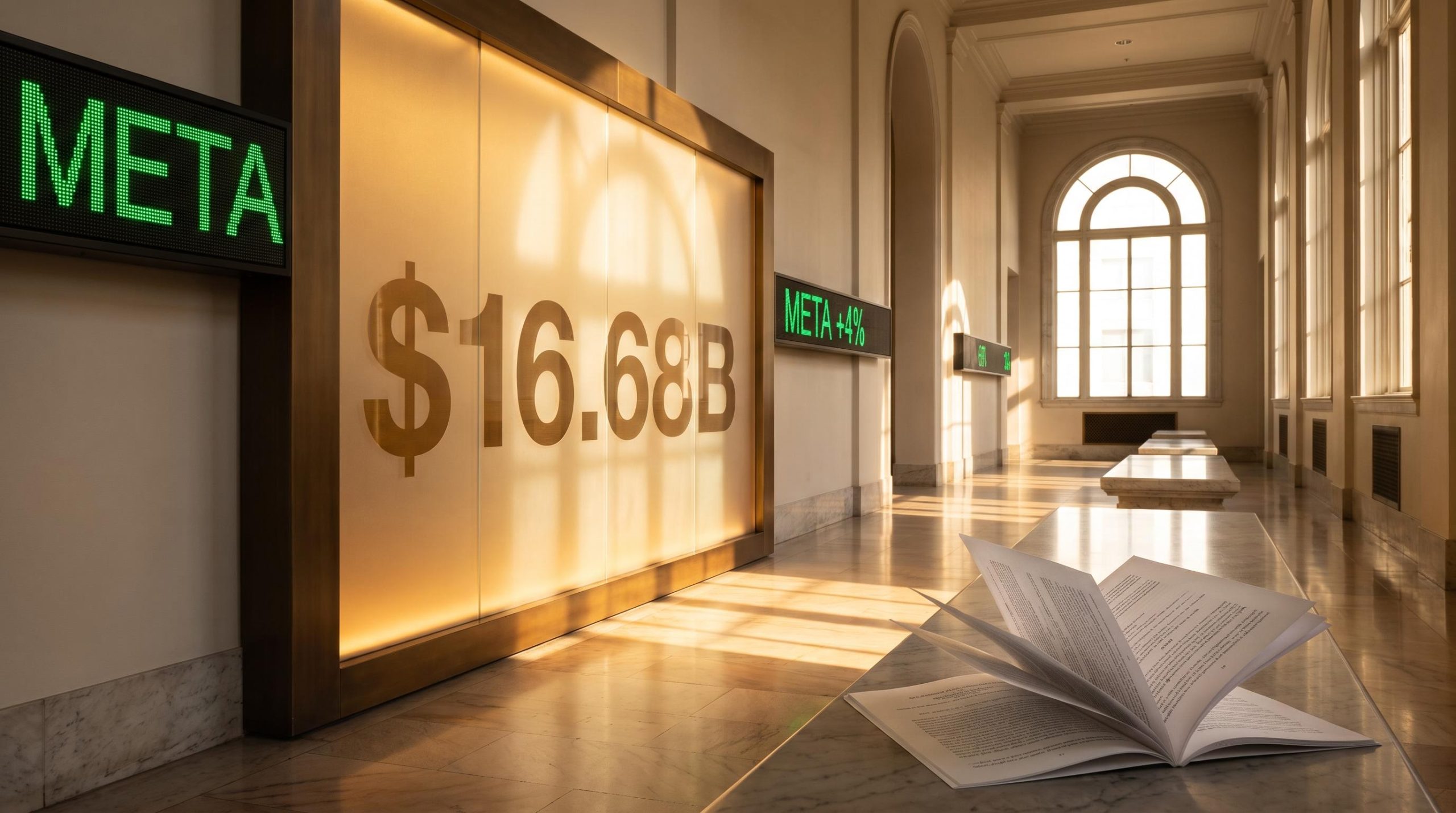 Meta lawsuit settlement: $16.68B figure etched in courthouse glass as META +4% ticker glows green