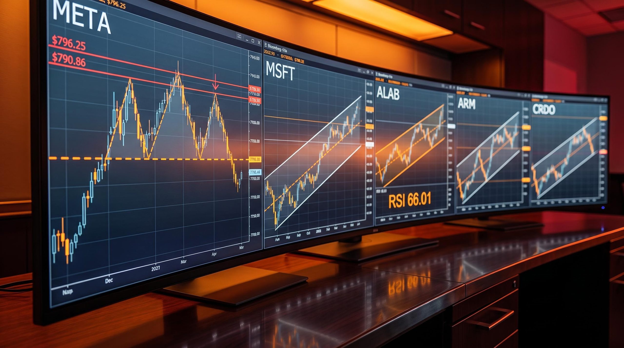 META head-and-shoulders chart at $796 resistance among five tech stocks approaching key resistance zones
