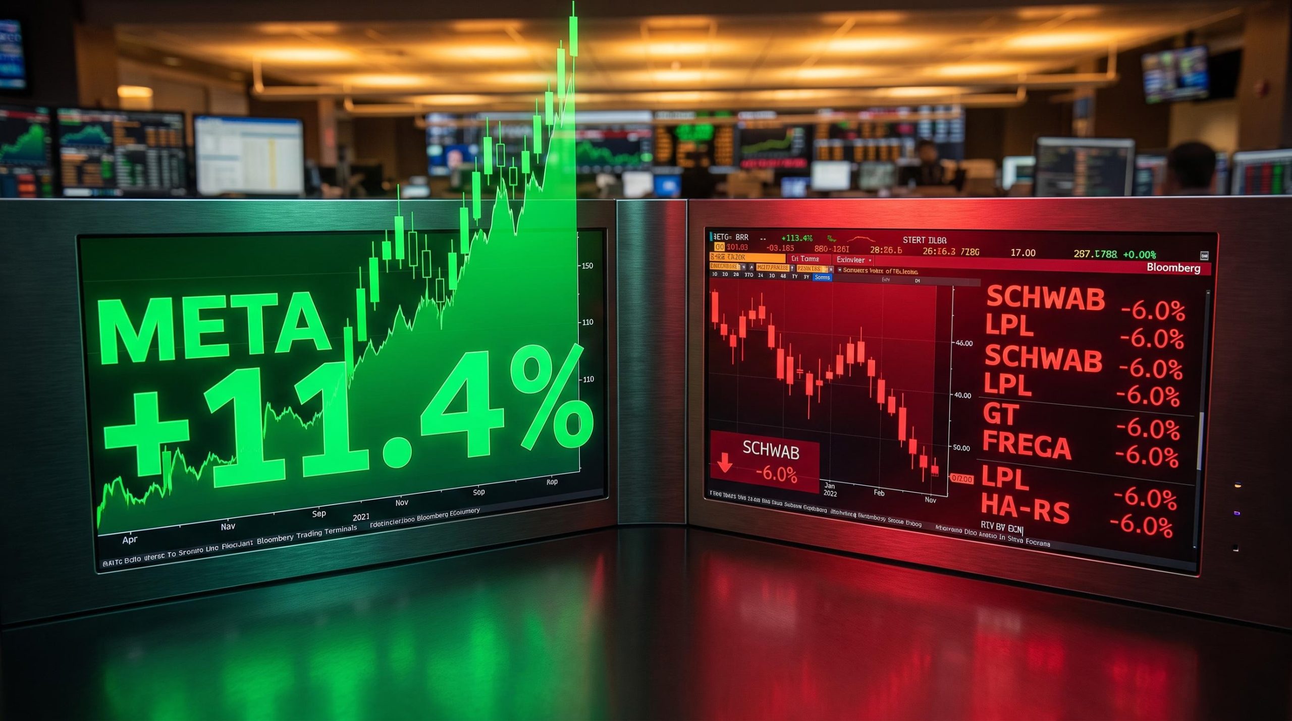 Trading screens show Meta +11.4% in green against Schwab and LPL down 6% as Muse app triggers cross-sector repricing