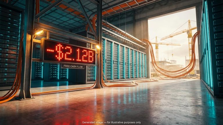 Data centre hall with red "-$2.12B" readout illustrating Meta negative free cash flow after record AI capex
