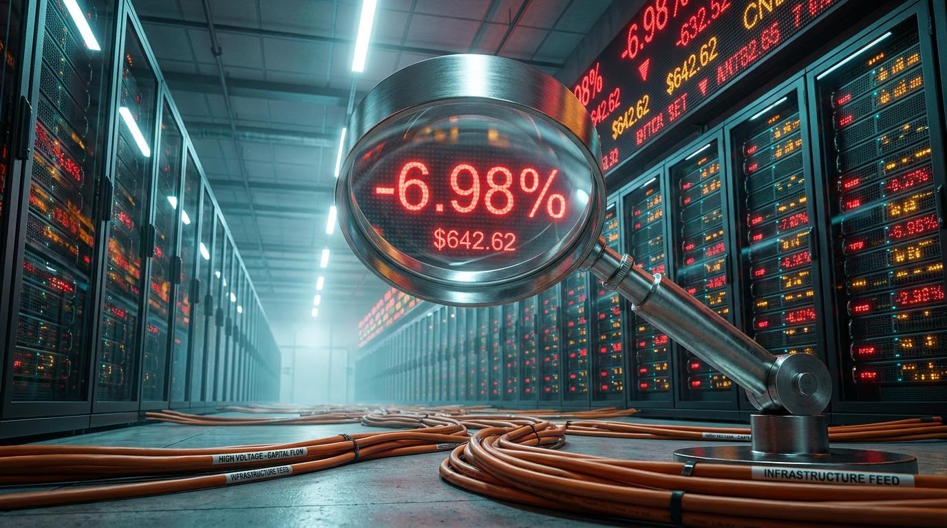 Magnifying loupe over a red -6.98% ticker in an AI data centre, illustrating the Meta Platforms earnings selloff