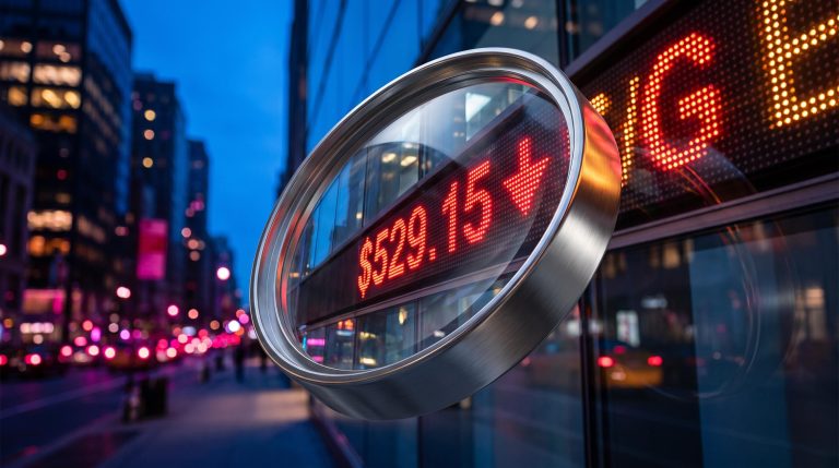 Magnifying lens over a stock ticker showing $529.15 in red, scrutinising the Meta Platforms investment case after Q2