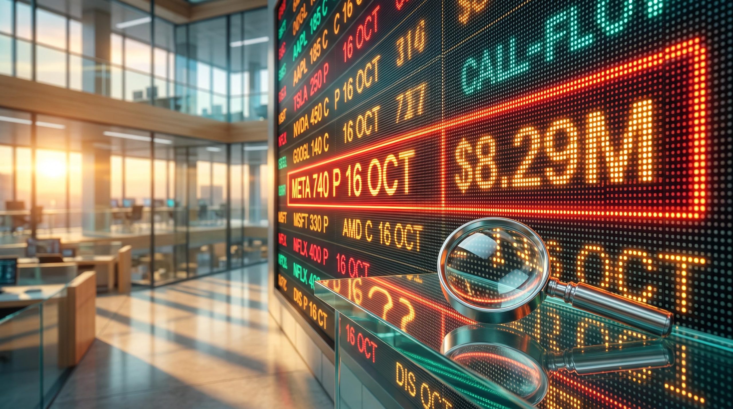 Trading screen highlighting a large Meta put options order, with a loupe scrutinising the flow ahead of earnings