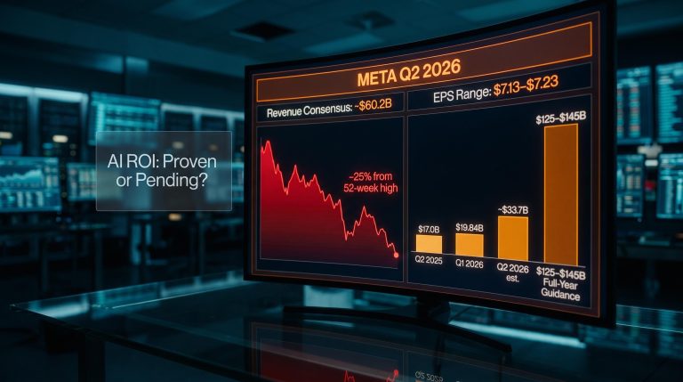 Meta Q2 2026 earnings dashboard showing $60.2B revenue consensus and $125–$145B AI capex guidance with stock decline