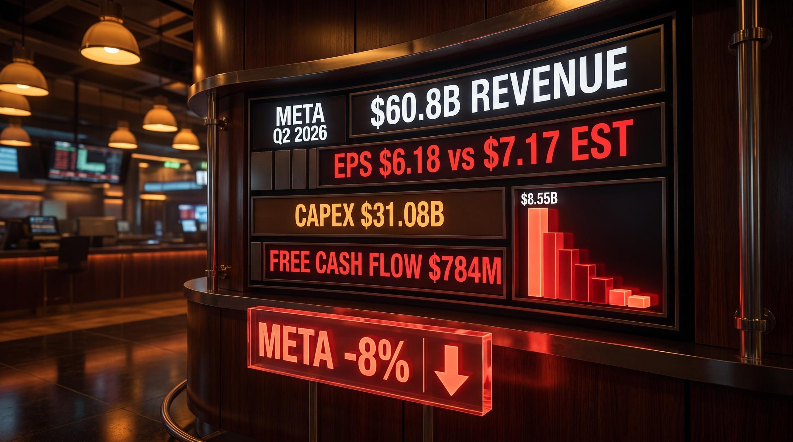 Meta Q2 2026 earnings screen showing $60.8B revenue, $6.18 EPS miss, and -8% after-hours share drop