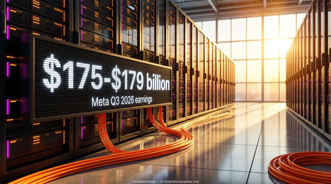 Sunlit AI data centre aisle with a sign showing $175-$179 billion, illustrating Meta Q3 2026 earnings and AI spending costs