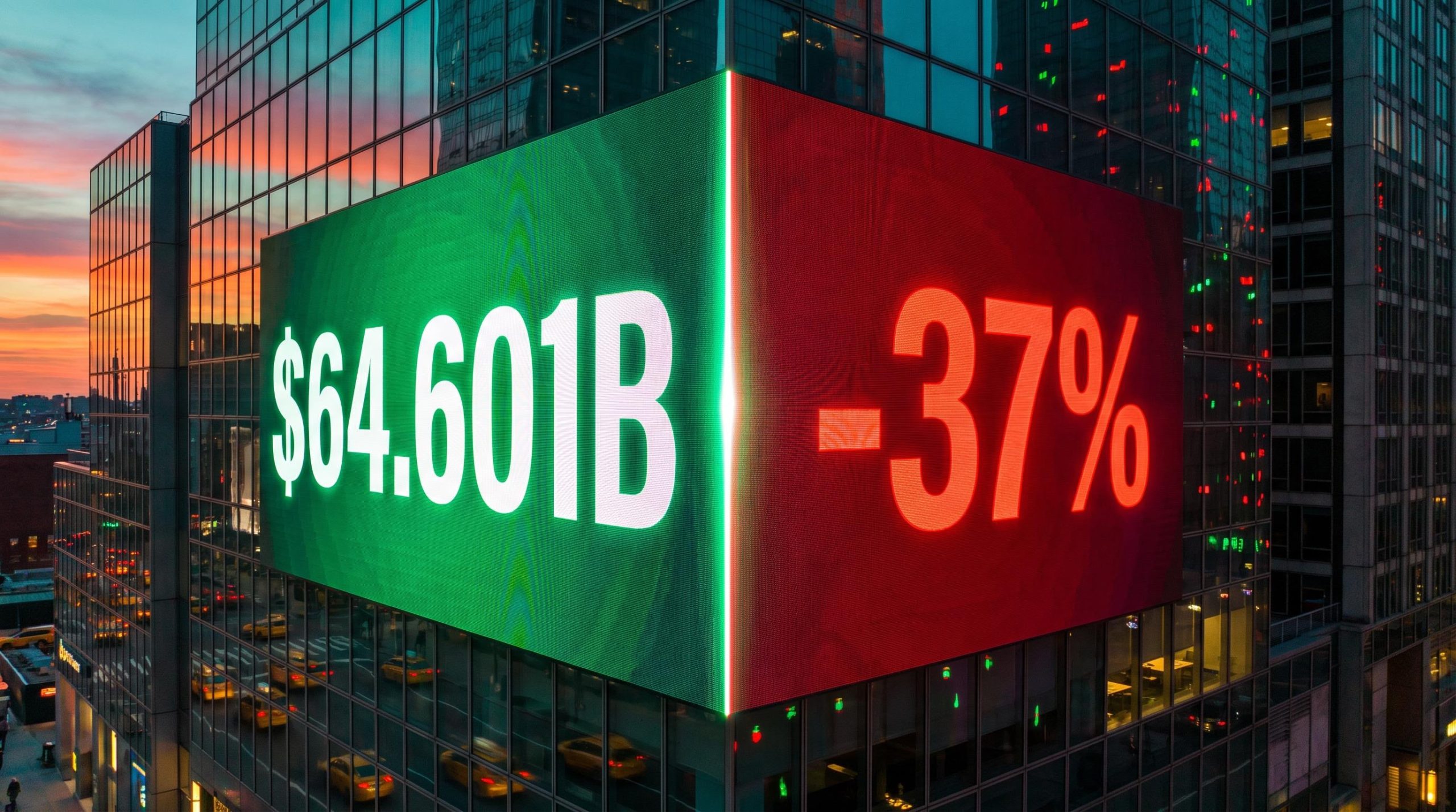 Skyscraper billboard showing $64.601B revenue in green and -37% in red, illustrating Meta Q3 2026 earnings