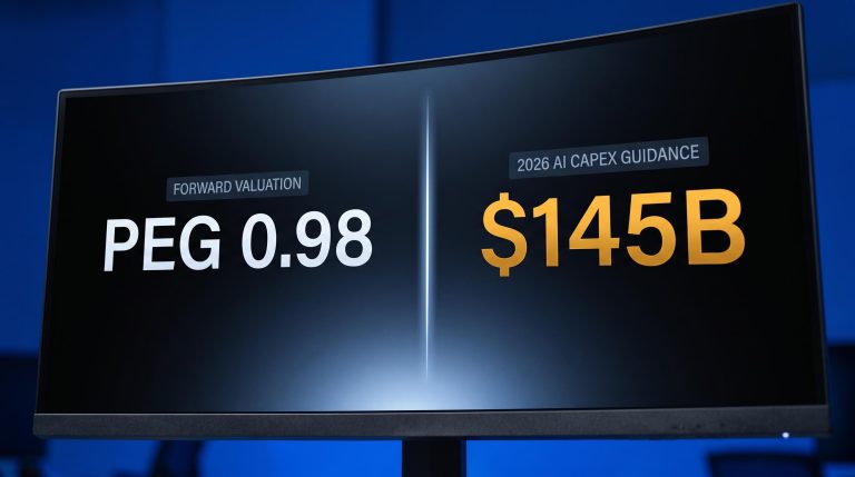 Trading monitor displaying Meta's PEG ratio of 0.98 alongside $145B AI capex — a Meta stock analysis framework