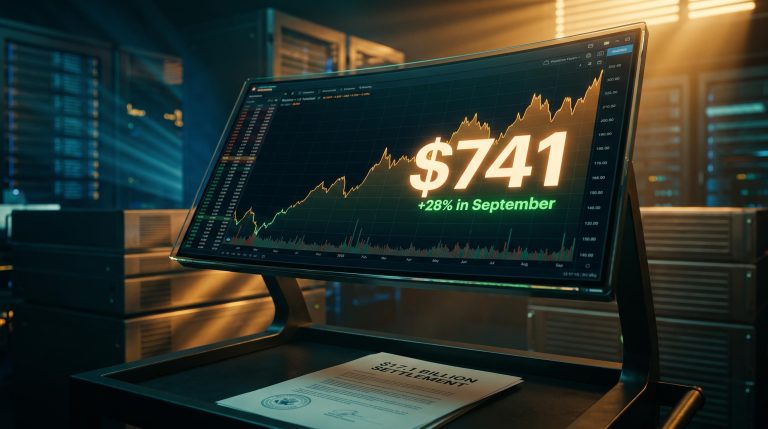 Meta stock recovery surge to $741 shown on trading terminal with $17.1B settlement document in foreground