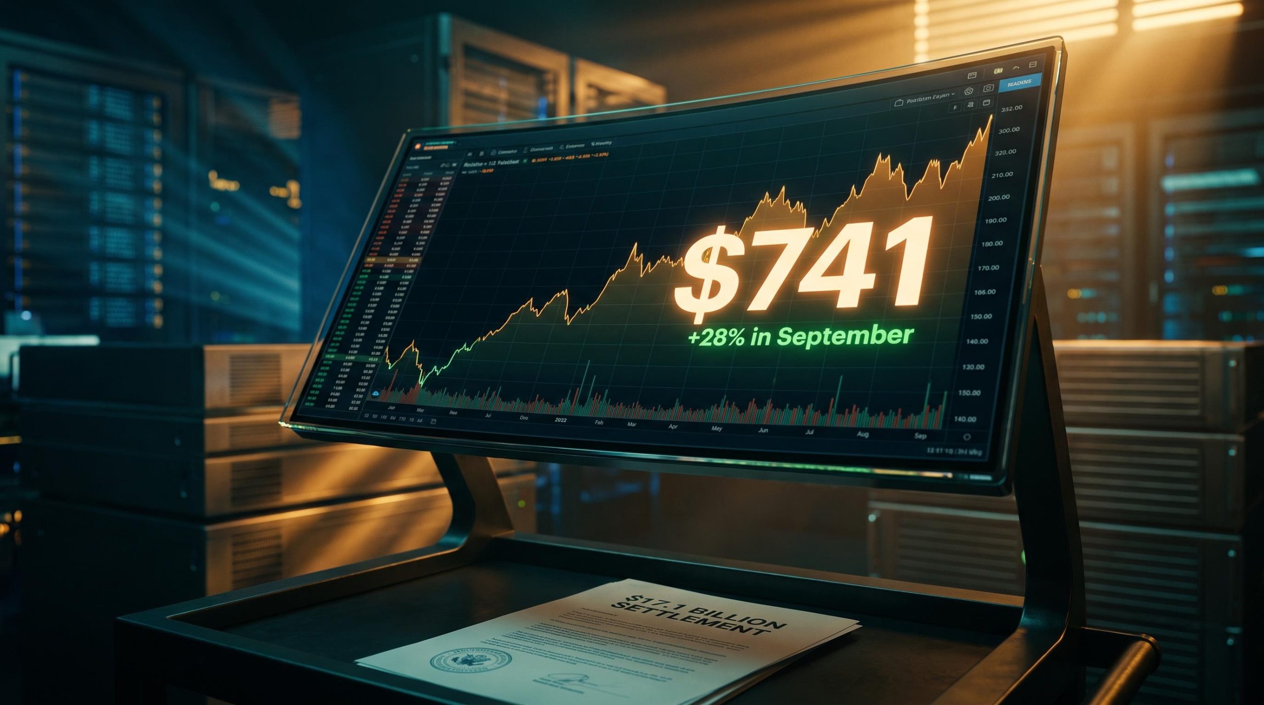 Meta stock recovery surge to $741 shown on trading terminal with $17.1B settlement document in foreground