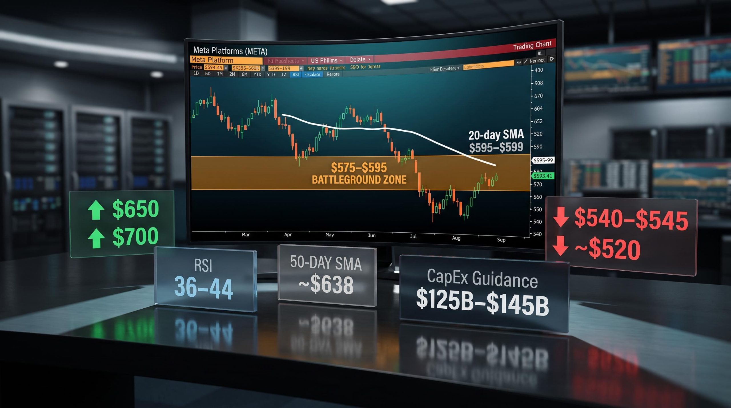 Meta stock chart at $593.41 with $575–$595 battleground zone highlighted ahead of Q2 2026 earnings