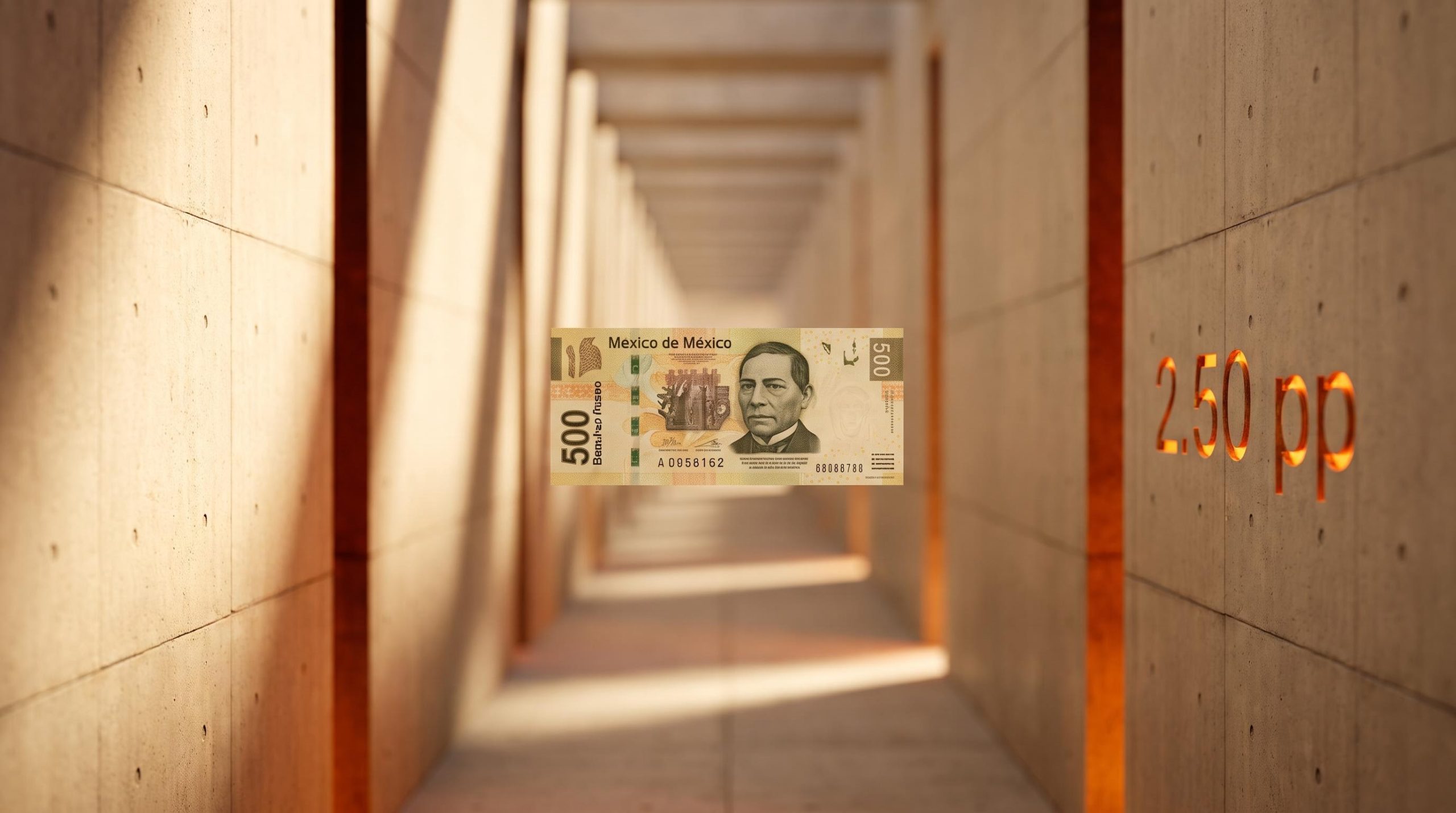 Mexican Peso banknote caught in a narrowing corridor with "2.50 pp" yield spread etched into the wall