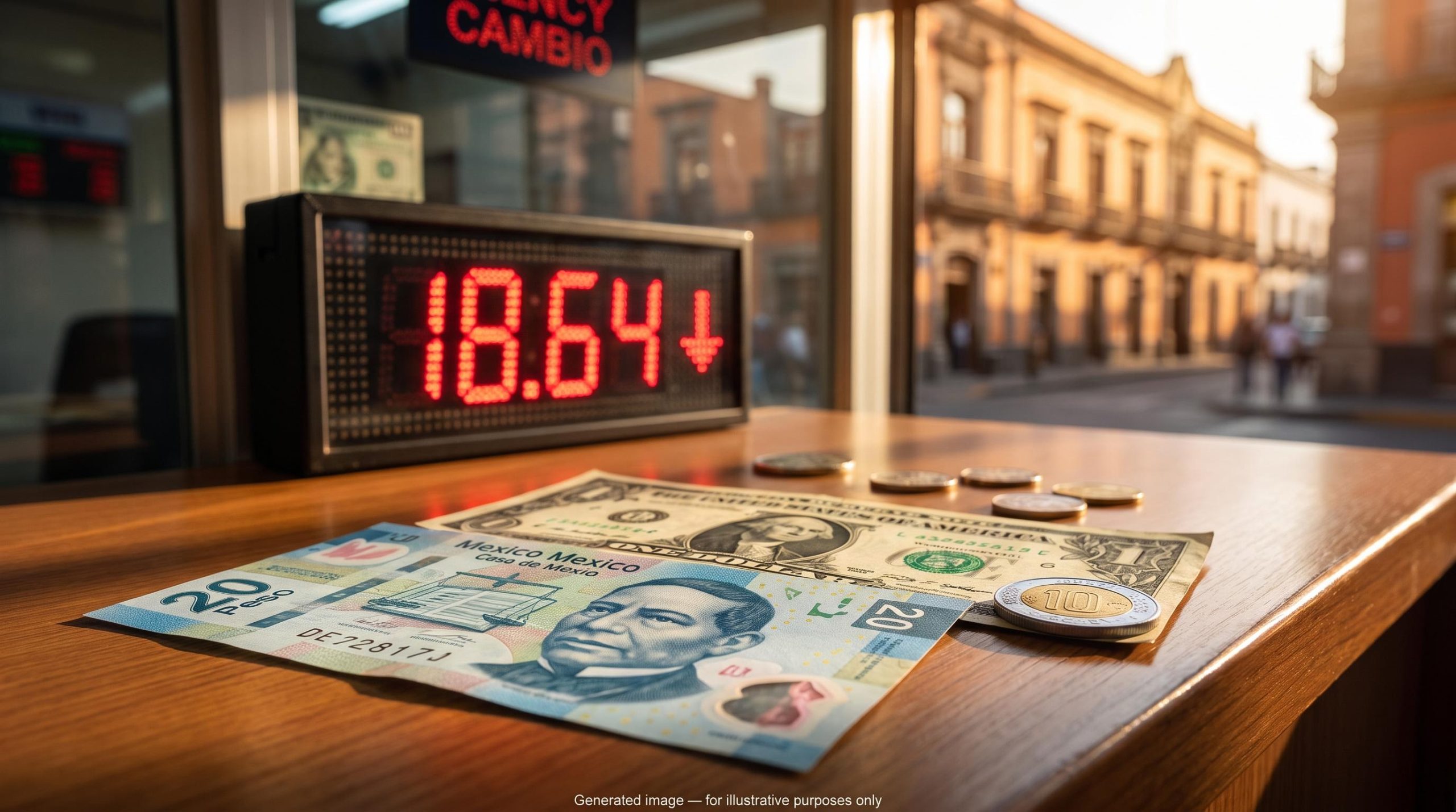 Mexican peso note beside a US dollar on an exchange board showing 18.64 in red, illustrating the Mexican peso forecast
