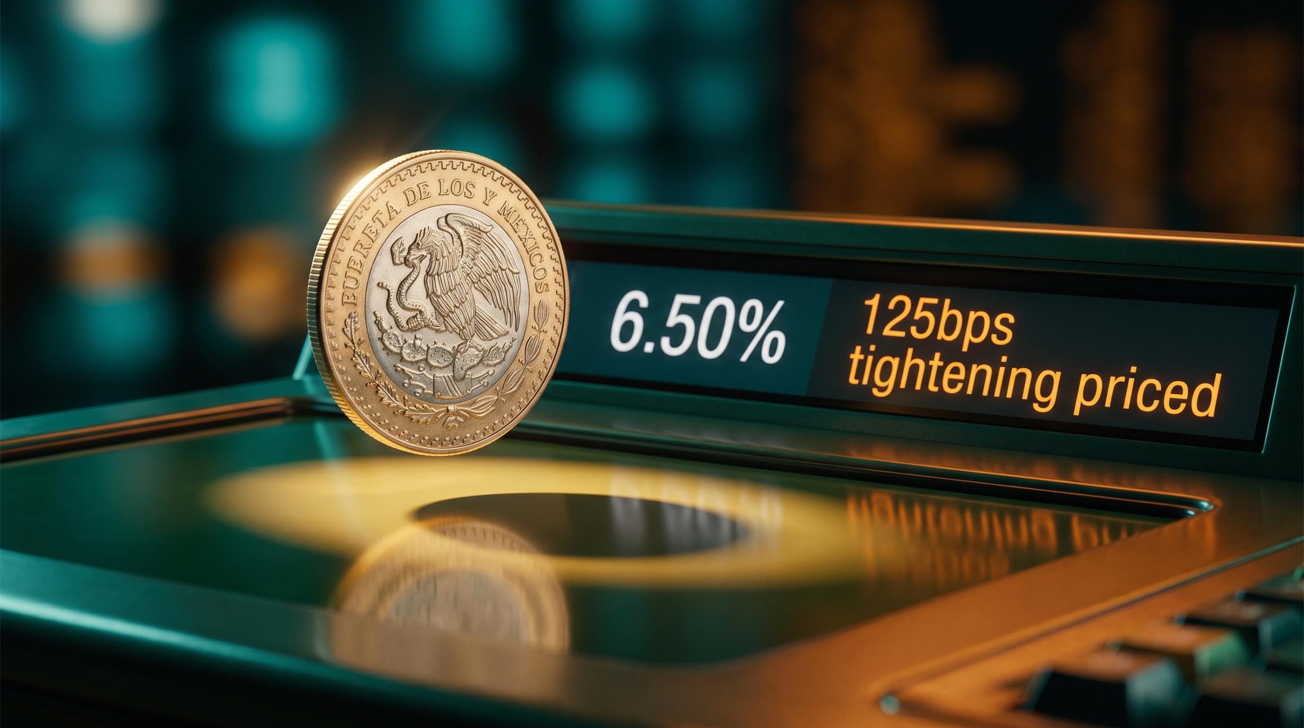 Mexican peso coin under sharp editorial light with Banxico 6.50% rate signal on amber trading terminal