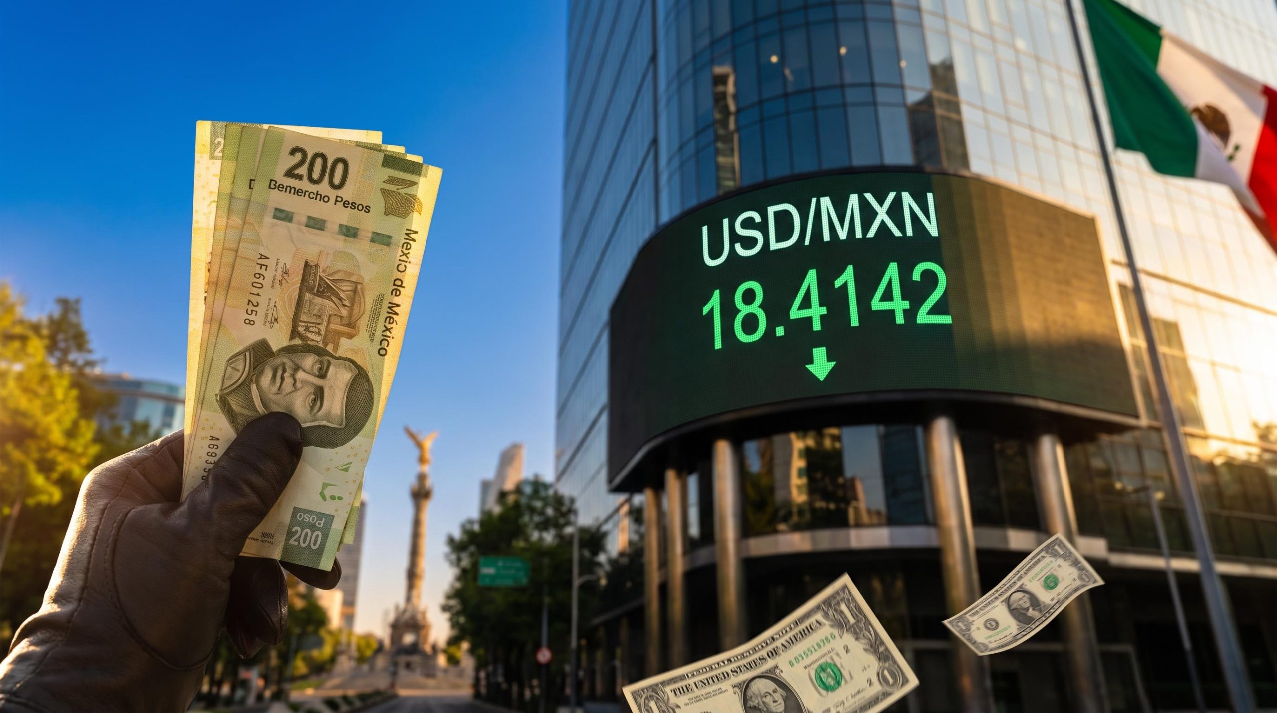 Mexican peso banknote before a Mexico City currency board showing USD/MXN 18.4142 as the peso gains on the dollar