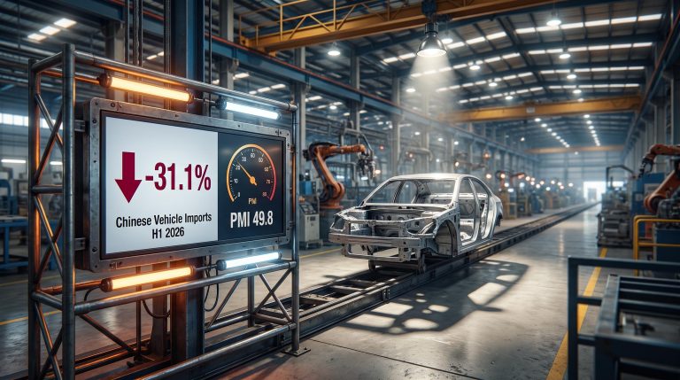 Bare car chassis on Mexican assembly line with PMI 49.8 and -31.1% import data panels showing Mexico automotive tariff impact