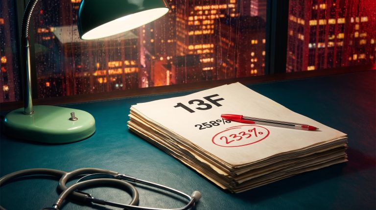 Michael Burry investing record: red-circled 233% versus 258% on SEC 13F filings under a desk lamp beside a stethoscope