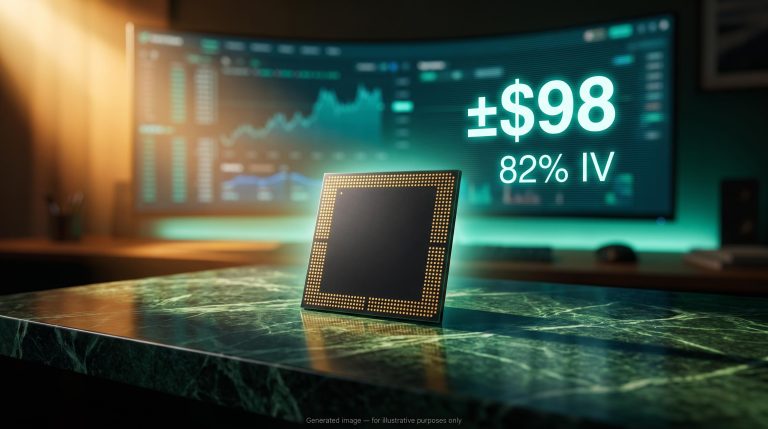 Micron HBM chip under amber light with "±$98" implied move displayed — Micron earnings options strategy