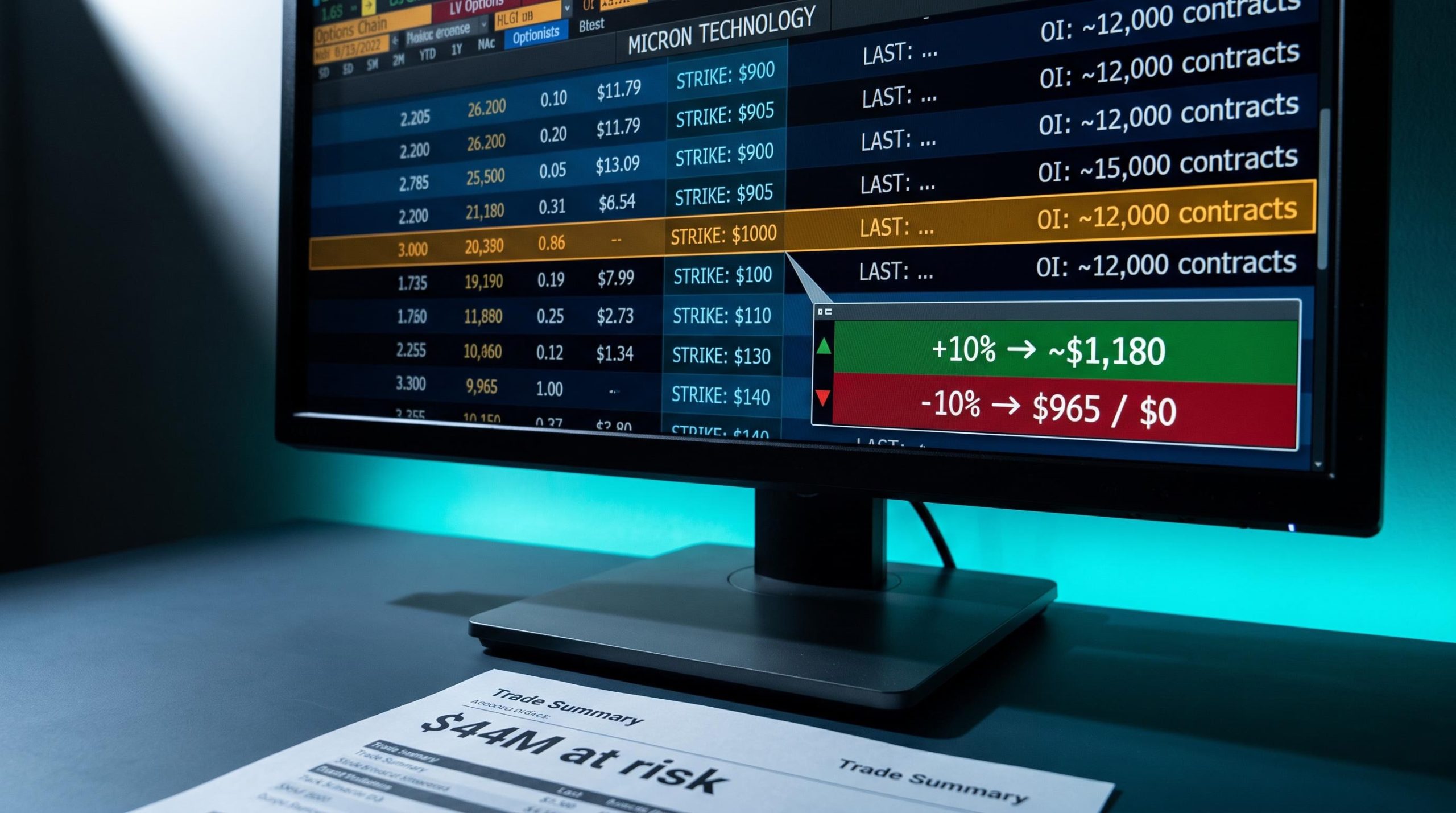 Micron $1,000 strike options chain highlighted on trading terminal with $44M premium binary risk ahead of 30 Sept earnings