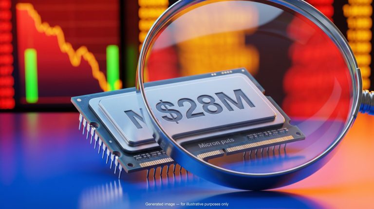 Magnifying lens over a memory chip engraved with $28M, symbolising scrutiny of Micron puts after record earnings