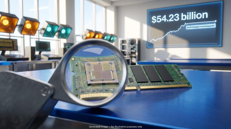 Micron stock analysis: DRAM chip under magnifier before a screen showing $54.23 billion revenue and a stalled share price