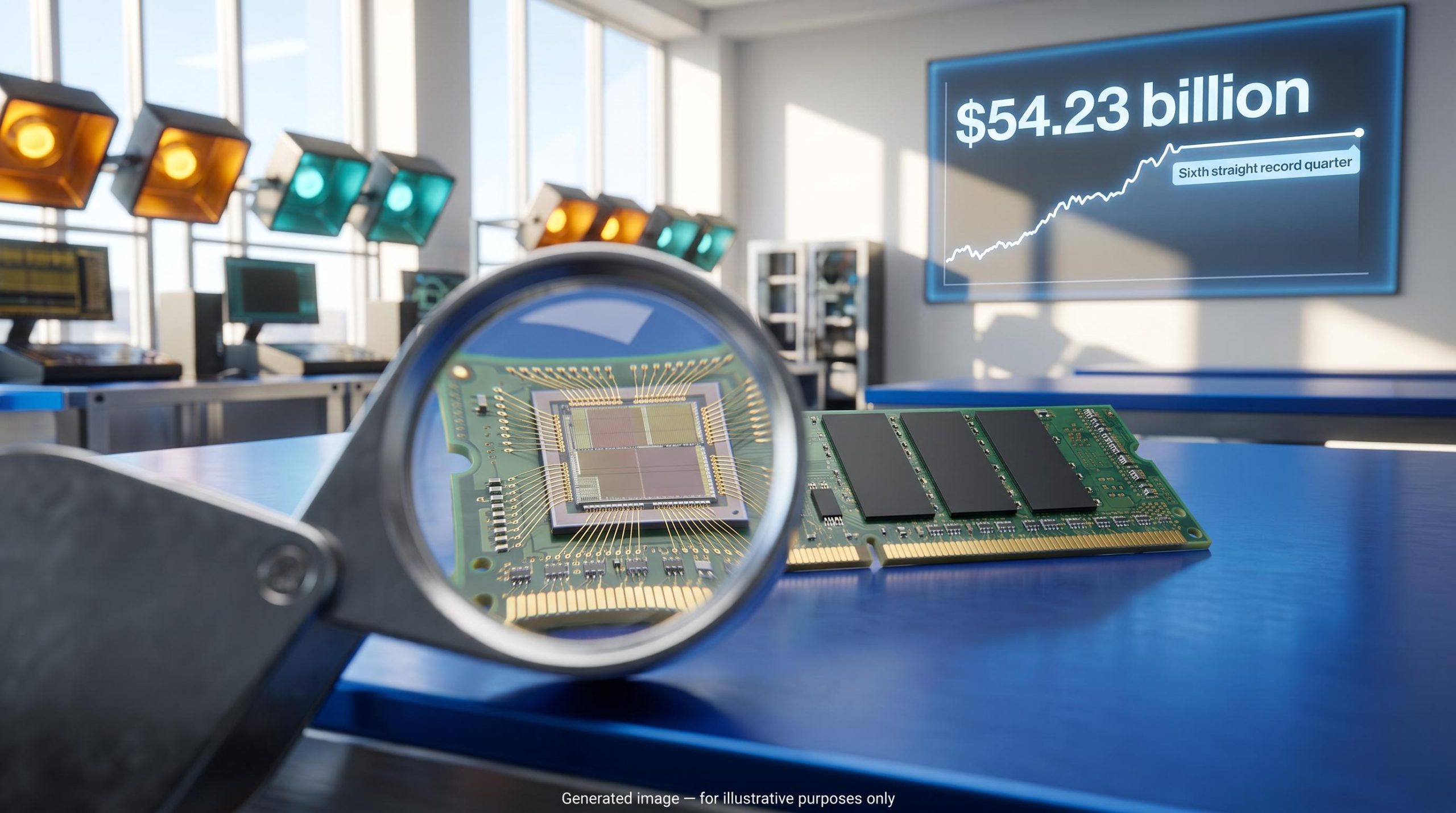 Micron stock analysis: DRAM chip under magnifier before a screen showing $54.23 billion revenue and a stalled share price