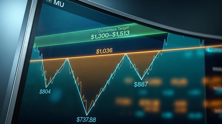 Micron MU inverse head-and-shoulders chart with $1,036 neckline and $1,300–$1,513 analyst target band on trading screen