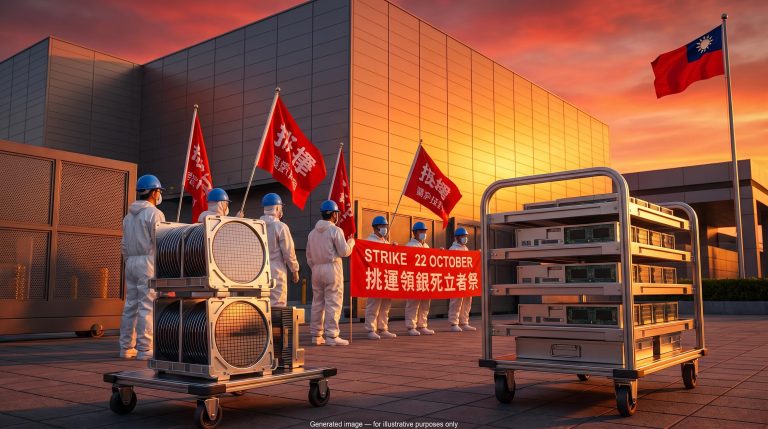Workers rally outside a Taoyuan fab with memory chip trays as the Micron Taiwan strike is set for 22 October