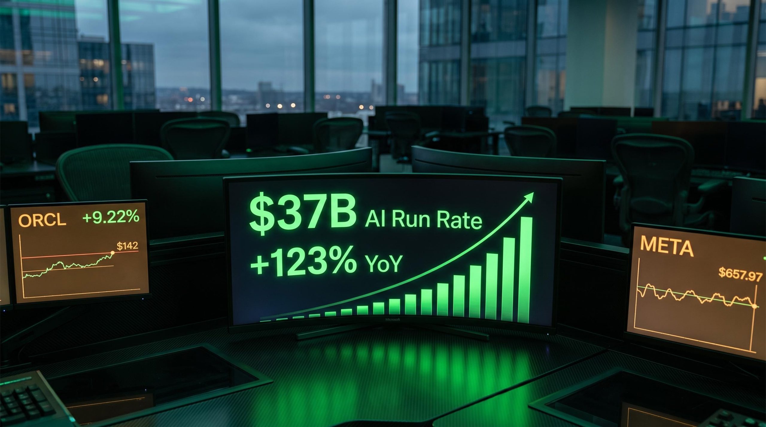Microsoft $37B AI revenue run rate terminal dominates trading screens showing Oracle and Meta as unconfirmed AI monetisation plays