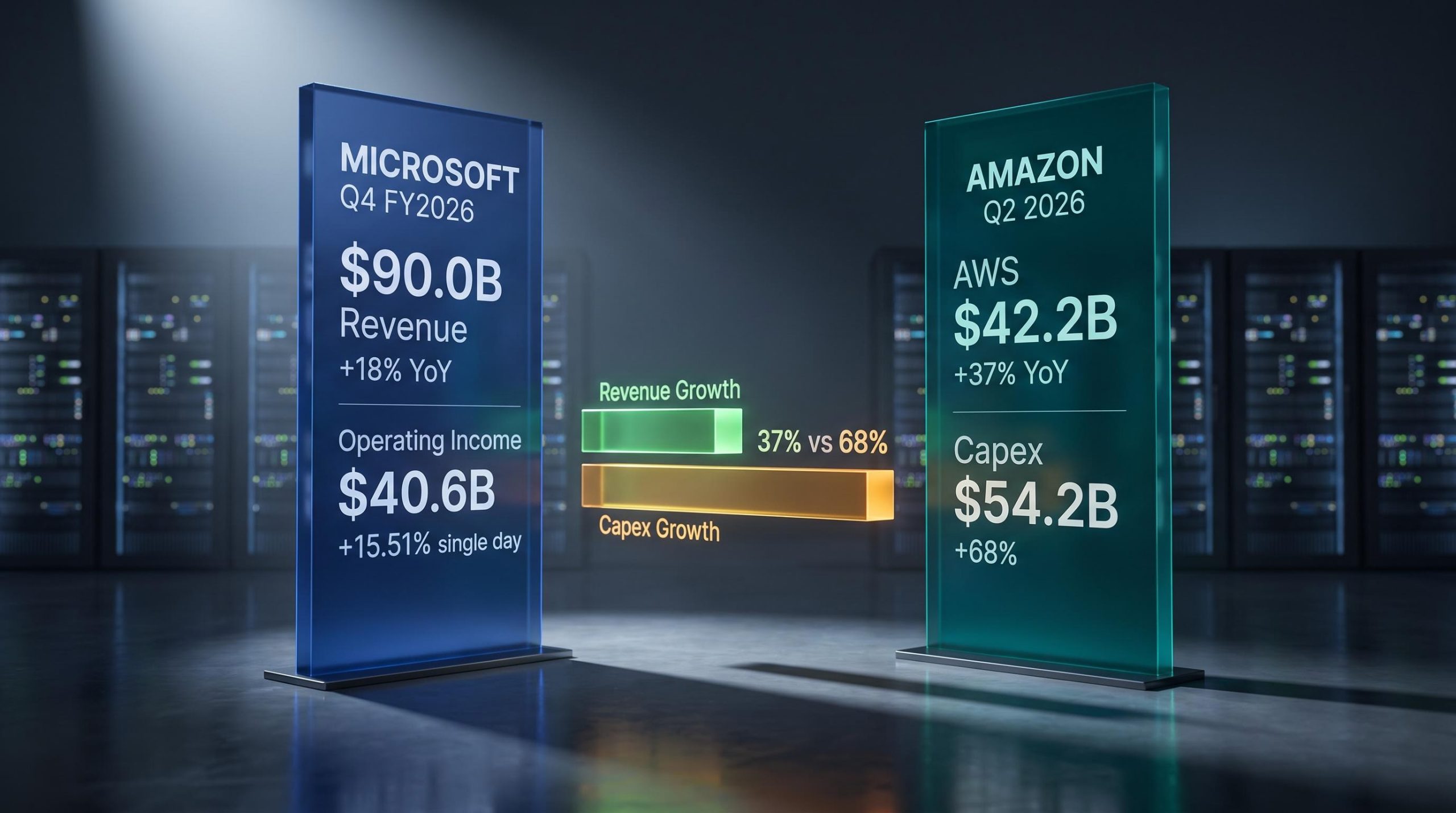 Microsoft $90B and AWS $42.2B revenue panels side-by-side with capex-vs-revenue chart in AI infrastructure analysis