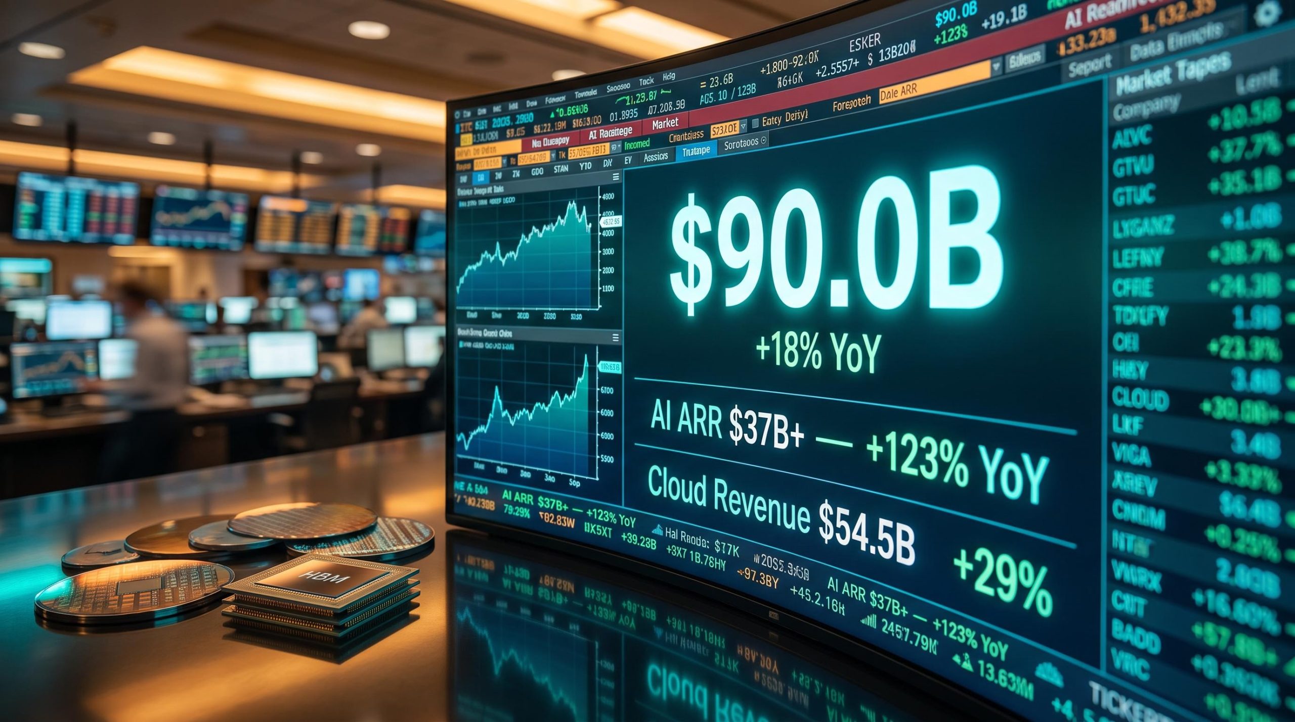 Microsoft FY26 earnings terminal showing $90B revenue and 123% AI ARR growth amid semiconductor supply chain rebound