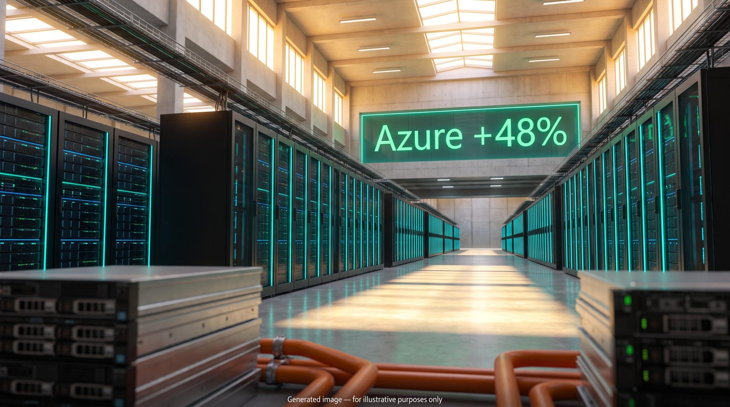 Sunlit data centre aisle with Azure +48% display, highlighting Microsoft earnings and cloud growth